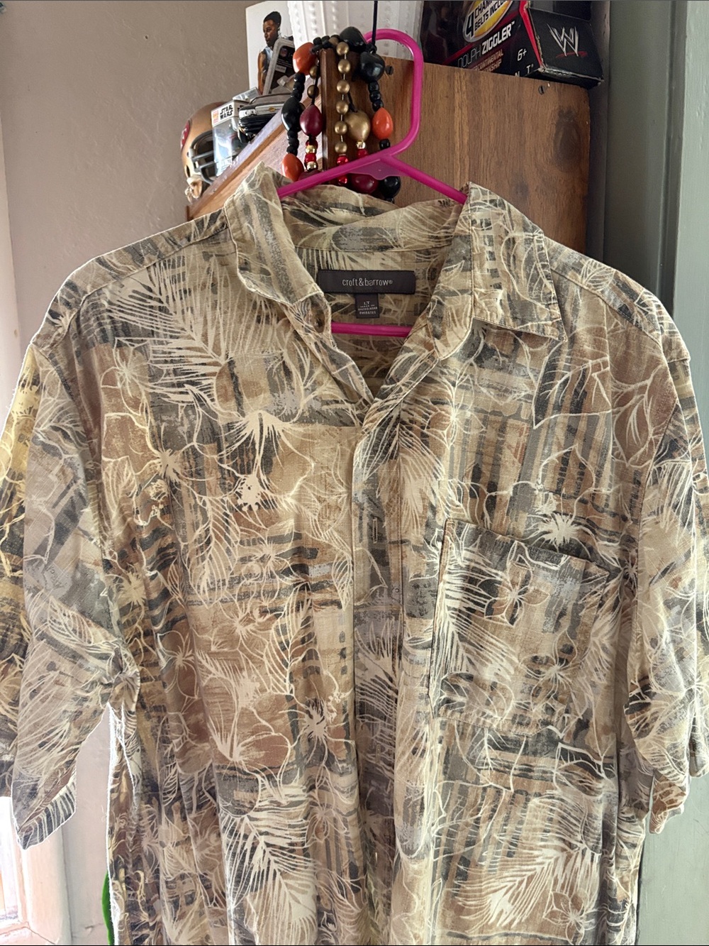croft & barrow Beige and White Tropical Print Casual Button-Down Shirt
